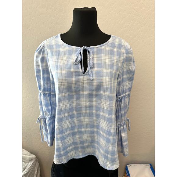 🆕 SANCTUARY | Plaid Blue White Keyhole Puff Long Sleeve Peasant Blouse | Small - Picture 2 of 7